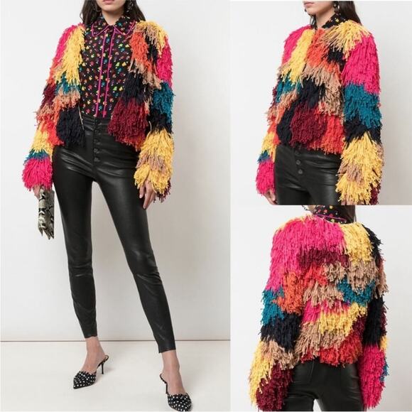 Alice and Olivia Fawn Rainbow Fringe Colorblock Jacket Size L NWT - Picture 1 of 13